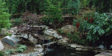 Waterfall and stone patio
